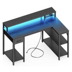Reversible L Shaped Gaming Desk with LED Lights & Power Outlets - New