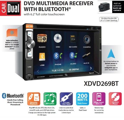 Dual Electronics XDVD269BT 6.2 inch Multimedia Touch Screen Car Stereo Receiver new open box