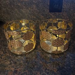 Gold Metal Candle Holders with Leaf Design – Set of 2