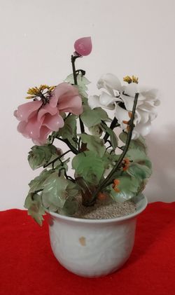 Vintage Chinese Carved Stone or Glass Bonsai Tree w/ Pink and White Flowers in a Ceramic Celadon Planter. These pieces are often made with semi-precio