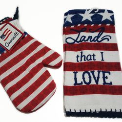 4th of July Star Flag Theme Kitchen Towel & Oven Mitt Set,Red,White,Blue,Fancy,Crocheted,Ruffle, Trimming,Oven,Stove Towel,Oven Glove