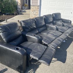 Large Leather Theater Sectional 14ft Long 5 Reclining Seats