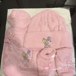 New Precious moments baby girl set hat, mittens, bibs and booties