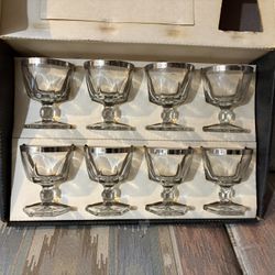 NEW NEVER USED  Hazel Ware SET OF 8  crystal gothic sherbets glasses with platinum band - 
