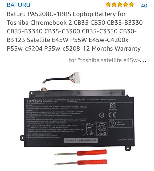 Laptop battery for Toshibs by BATURU new never installed or charged open to take a pic