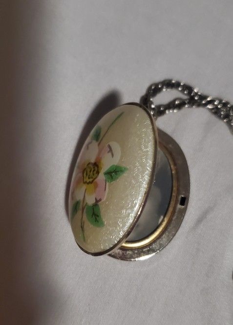 Vintage Floral Hand Painted Over Mother of Pearl Large Locket & Necklace
