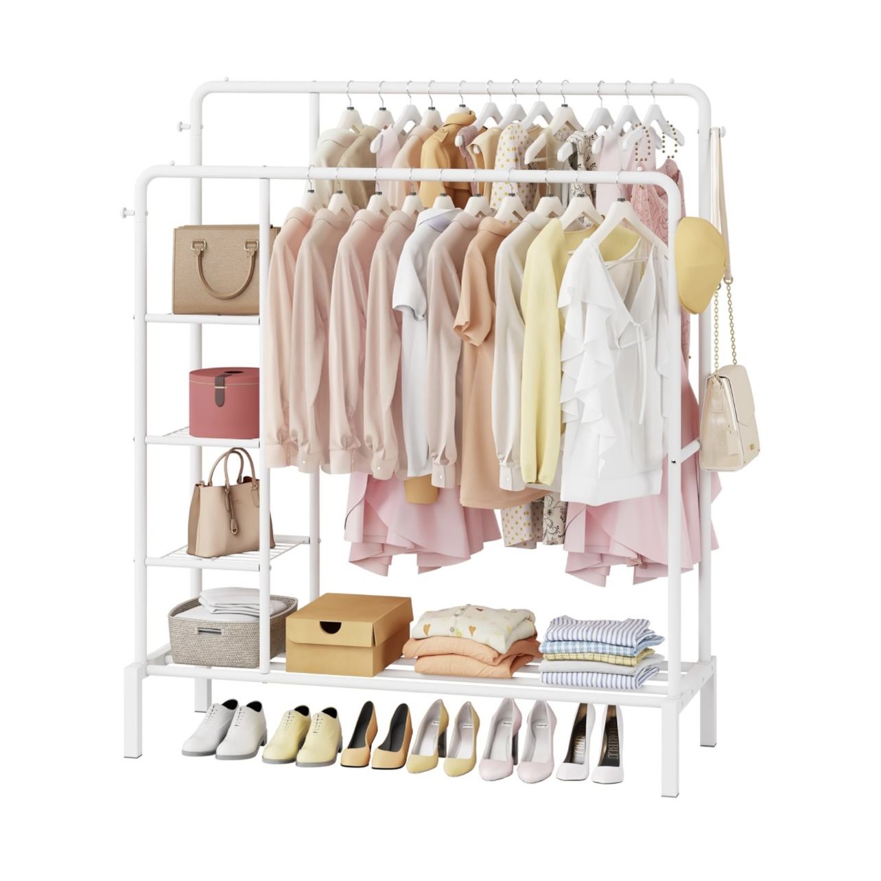 47'' * 65'' Heavy Duty Clothes Rack, Double Rods Clothing Racks for Hanging Clothes, Garment Rack with 4 Tier Closet Shelves & 4 Hooks for Clothing St