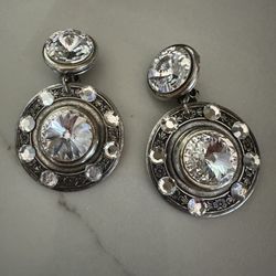 Vintage Sterling Ornate Crystal Drop Clip On Earrings