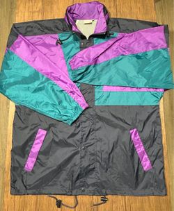 Vintage 90s Colorblock Windbreaker Jacket Large Purple Teal Black Hooded Nylon
