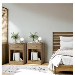 Nightstand Set of 2, 2-Tier Side Table with Drawer and Storage Shelf, Bedside Table End Table, Modern Night Stand for Bedroom, Home Office,Wooden Grai
