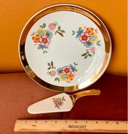 CAKE SERVING PLATE AND CAKE LIFTER, FLOWERS AND GOLD RIM (30% OFF SALE)