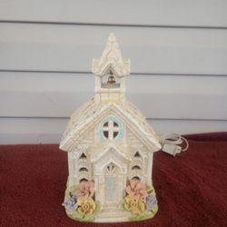 Vintage Lighted Church With Handmade Flowers