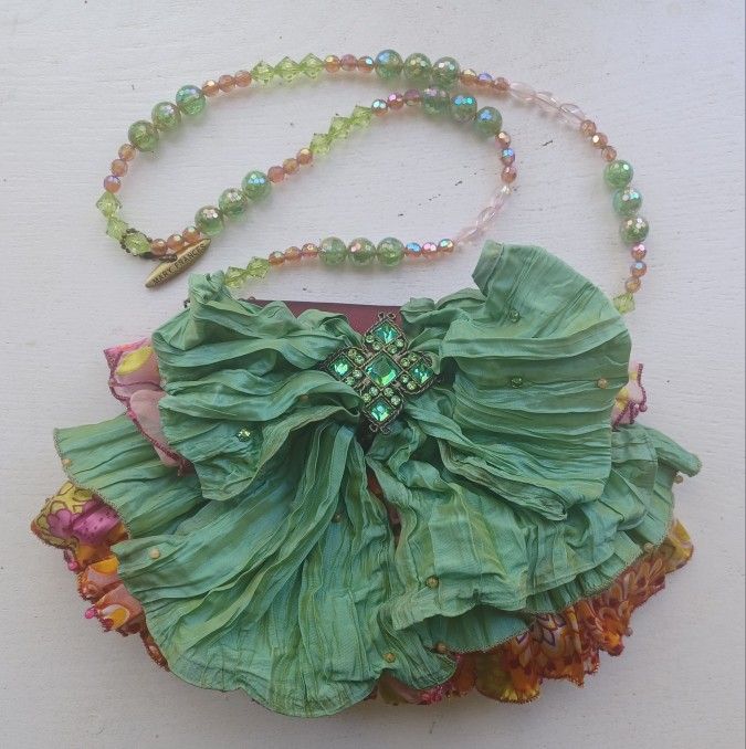 Mary Frances "Rock Out" Handbag Beads Stones Green Ruffles Purse, 1 of a kind