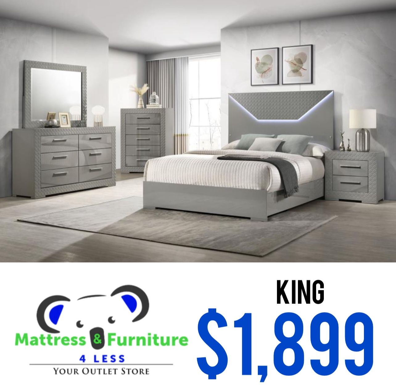 Ives 5-Piece King Bedroom Set Grey High Gloss