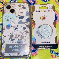 IPHONE📱14 PLUS WHITE⚪️W: SILVER✨✨SHIMMERY CRYSTAL PHONE📱CASE⚪️✨W:SILVER🤍✨SHIMMERY POP SOCKET