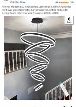 6 Rings Modern LED Chandeliers Large High Ceiling Chandelier for Foyer Black Dimmable Long Handing Lighting Fixture for Living Room Entryway Villa Sta