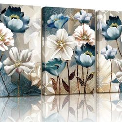 SERIMINO 3 Piece Lotus Flower Canvas Wall Art for Living Room, Blue Floral Picture Wall Decor for Dining Room Bedroom, Art Print Painting for Home Dec