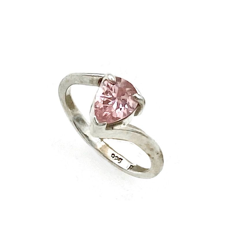 Vintage 925 Sterling Pear Cut Pink Cubic Zirconia Solitaire Minimalist Bypass Ring Signed, Engagement Prom