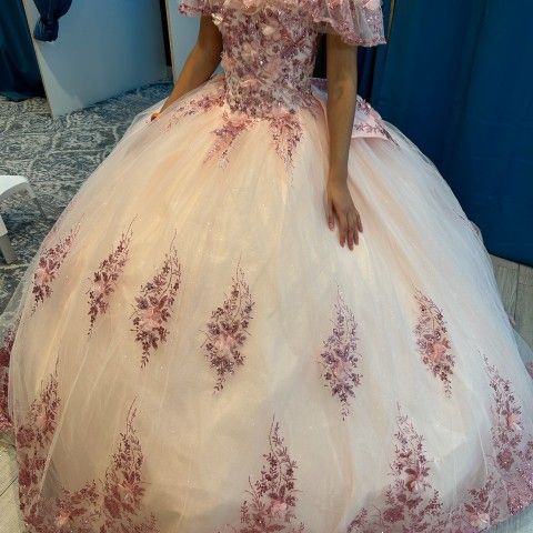 Pink Floral Off the Shoulder Quince Sweet 16 Ballgown Dress