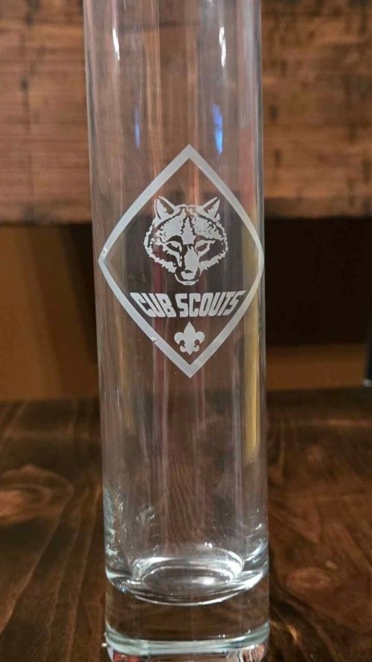 Glass vase is etched with the Cub Scout logo