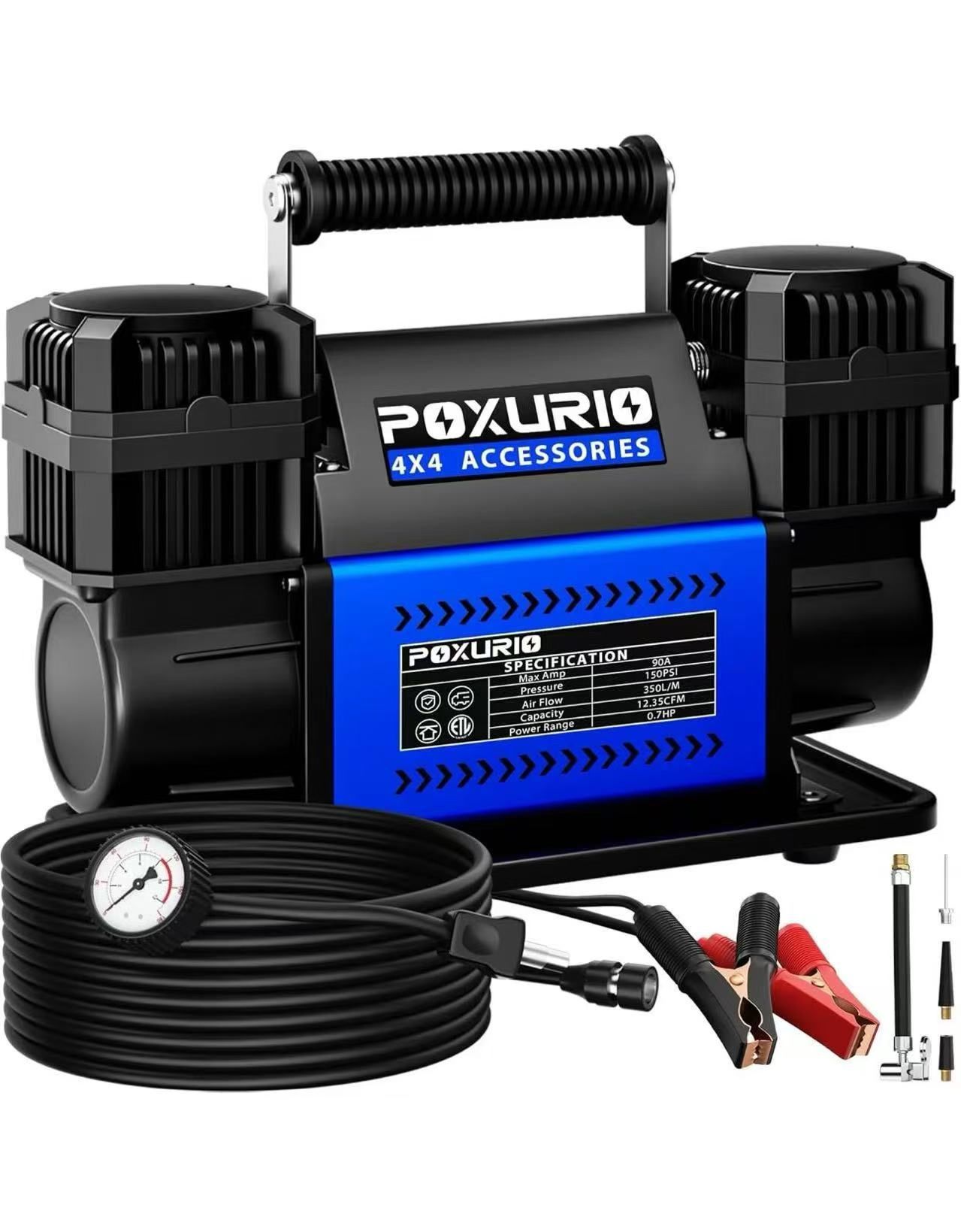 Offroad Air Compressor, 12.35CFM Dual Cylinder Portable Air Inflator, 12V 150 PSI Heavy Duty Tire Inflator Pump for Truck Tires, 4x4 Vehicle, RV, Moto