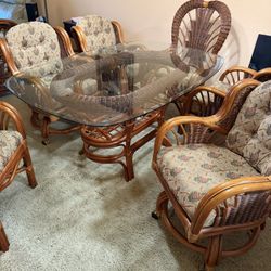 Rattan Glass Top Dining Table Set