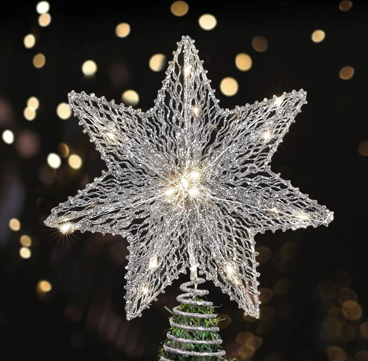 Roylvan Christmas Tree Topper Lighted Star, Glitter Star Treetop Ornament with 20 LED Beads Shining Lighting Xmas Gift Warm Light for House Gargen Bed
