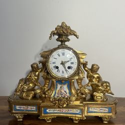 Sevres-Style Porcelain-Inset Gilt Bronze Mantel Clock