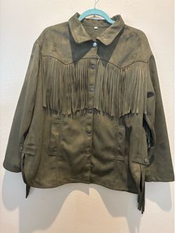 Forest Green Faux Suede Fringe Jacket Medium
