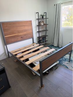 Queen bed frame - industrial modern, steel & walnut