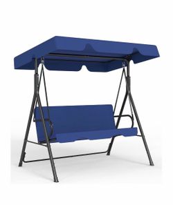 E) Outdoor Patio Swing Chair with Adjustable Canopy, Blue Outdoor Patio Glider Swing with Heavy Duty Stand for 3 Adult Persons, Ideal for Deck, Lawn,