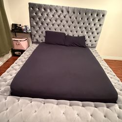 Queen Tufted Velvet Bed – Stylish + Discounted (Has Some Wear)