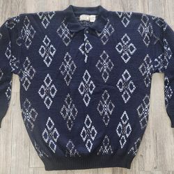 Vintage Bugle Boy geometric diamond three-button Polo Sweater Mens Navy Large