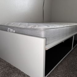 Twin Bed Frame w/ 2 Drawers + Mattress + Cover — Good Condition