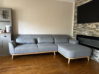Mid-Century Modern Gray Sectional Sofa with Chaise, Solid Wood Frame