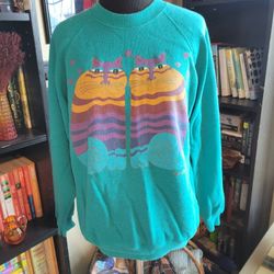 Vintage 90s Laurel Burch Crewneck Sweatshirt Teal Cat Lovers Art Deco Sz M