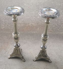 Beautiful Vintage Pair Of Silver Metal Floor Candle Holders with Decorative Feet