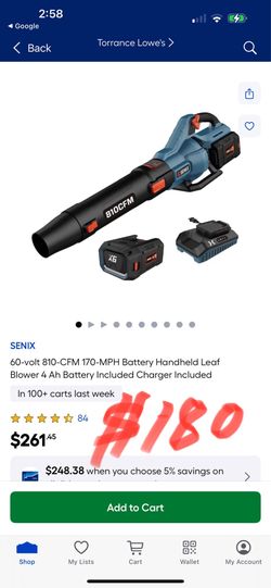 SENIX 60-volt 810-CFM 170-MPH Battery Handheld Leaf Blower 4 Ah Battery Included Charger Included