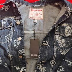 The True Religion all-over logo print denim jacket 