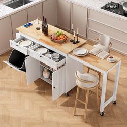 Kitchen Islands with Extendable Dining Table, 81.7" Mobile Kitchen Storage Islands, Rolling Kitchen Cart with Trash Cabinet, Power Outlet, 
