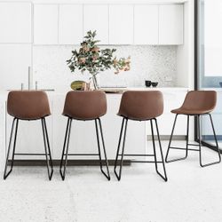 Faux Leather Bar Stools Metal Frame Counter Height Bar Stools(Set of 4)Dark Brown 