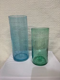 2 pc Turquoise Bubble Glass & Green Hammered Glass Vase/Holders