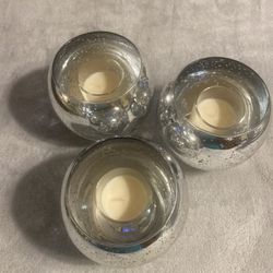 Set Of 3 Silver Crackled Glass Votive Tea Light Candle Holders