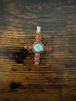 Sterling Silver Coral & Turquoise Cross Pendant 1.5"