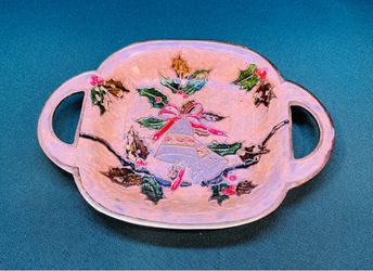 Vintage pretty enamel and solid brass Christmas trinket dish with handles