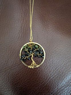 Tree of Life Pendant set with Green Crystals on adjustable 18"-20" necklace