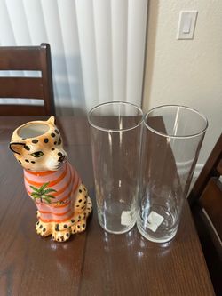 Ceramic Cheetah Vase and Glass Cylinder Vases Set