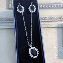 Rhodium Plated Blue Gem Pendant & Earrings - Set