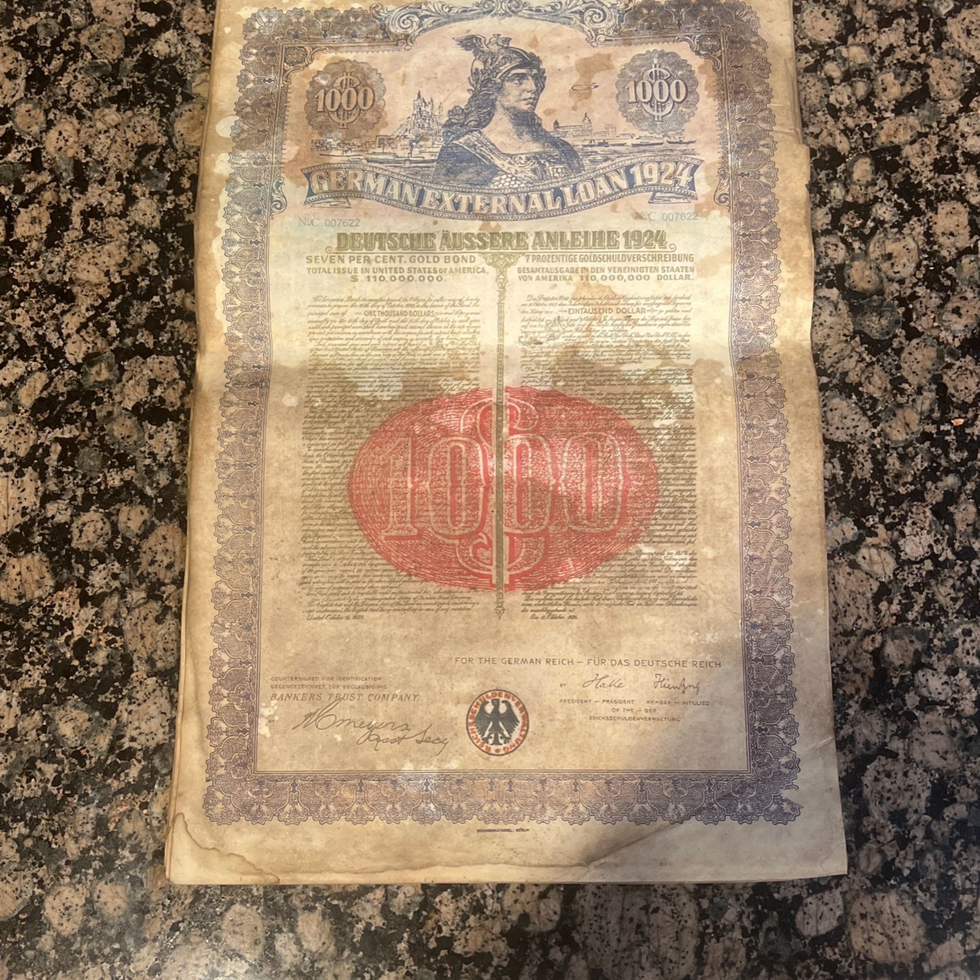 1924 German War Bonds 1,000$