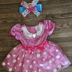 DISNEY TODDLER 12/18 MOS  PINK W/ POLKADOTS PARTY DRESS  & HAIR PIN